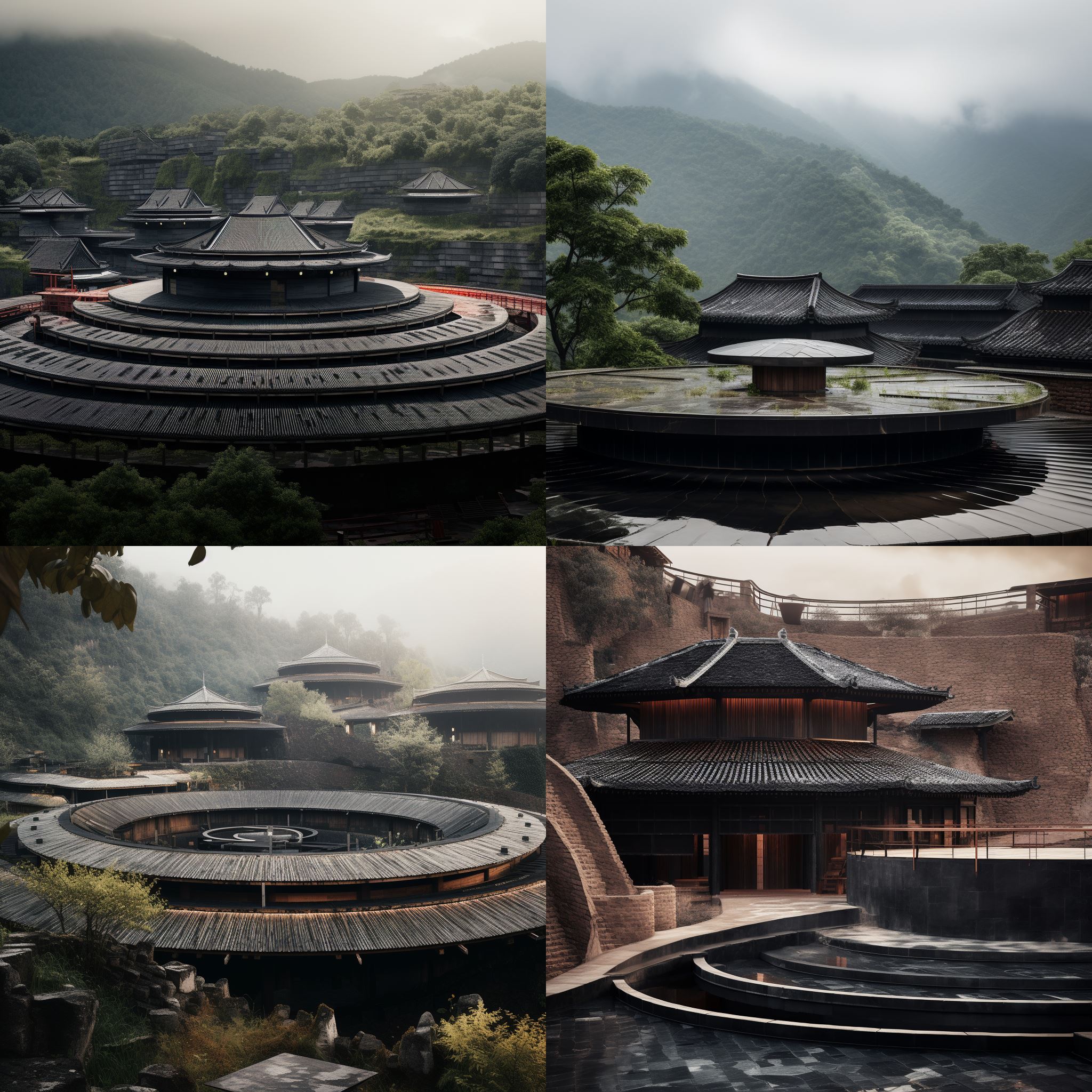 Concept de conception d'une adaptation écologique d'un Tulou chinois traditionnel (forteresse en terre)
